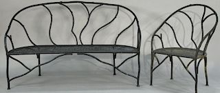 Two piece iron lot including a bench and armchair, each with twig style framework. bench: ht. 36in., wd. 60in.