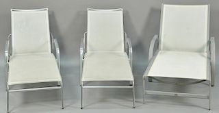 Six piece lot to include three outdoor chaises including pair of polished aluminum and one metal frame and three round stands