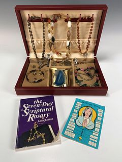 JEWELRY BOX WITH ROSARIES AND HARDSTONE JEWELRY STERLING 14K