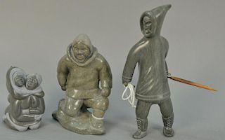 Three Inuit Eskimo carvings including Simeone Pewatoaluk (Seemunee Simon) c. 1983 Pond Inlet serpentine Kneeling Man, Johnny 