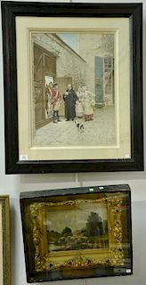 Two framed pieces to include C. De Lors print with soldier in courtyard along with Fried oil on canvas of Country landscape w