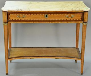 Louis XVI style marble top hall table (marble yellowed). ht. 32 1/2in., wd. 38in.