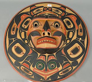 Inuit Eskimo carving Stanley Hunt, Vancouver cedar and painting Mask-Kwaigiuth Moon 29" x 27"
