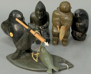 Five Inuit Eskimo figural carvings including dark green serpentine Drum Dancer (Provenance: Gallerie Elca London Montreal, Ca