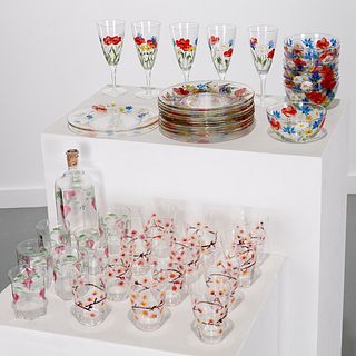 (3) Sets hand-painted floral glassware