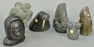 Six Inuit Eskimo figural carvings to include Jutai Toonoo Kingnait (Cape Dorset) dark green serpentine Laughing Face(Provenan