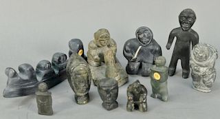 Ten Inuit Eskimo figural carvings to include grey soapstone Standing Man (4"), unknown artist Cape Dorset basalt Standing Boy