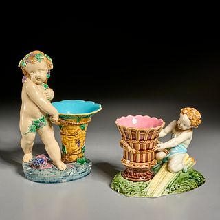 (2) Majolica cherub & basket vases, incl. Minton
