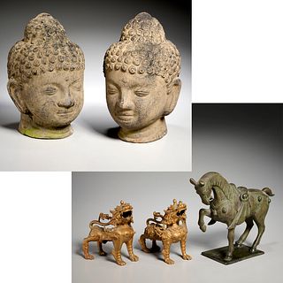Asian Buddha heads & bronze lions and horse