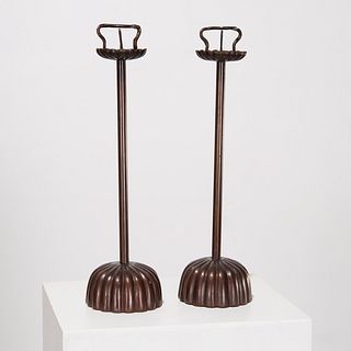 Pair Japanese bronze Shokudai candle prickets