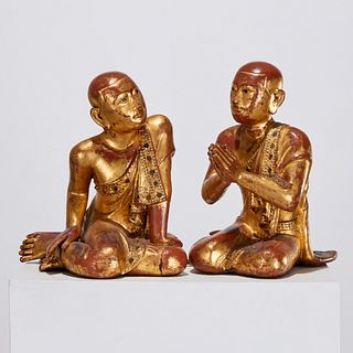 (2) Antique Burmese carved giltwood monks
