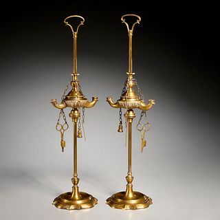Pair antique Florentine Lucerna brass oil lamps