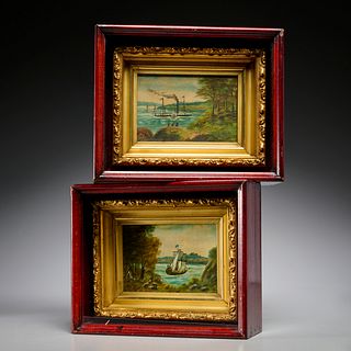 American Folk School, pair riverboat paintings