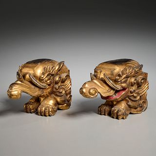 Pair Chinese giltwood elephant head carvings