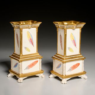 Pair Mottahedeh painted porcelain feather vases