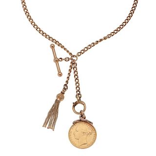 Vintage F&S Watch Chain in 15 Karat Gold with Coin and Tassle