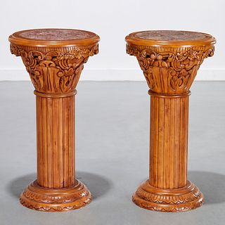 Pair Corinthian column fruitwood side tables