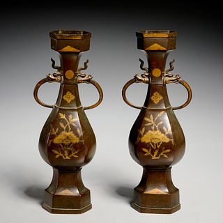 Pair Japanese patinated and gilt bronze vases