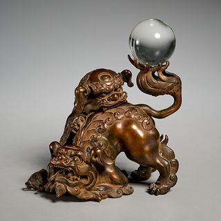 Japanese Buddhist lion censer with crystal ball