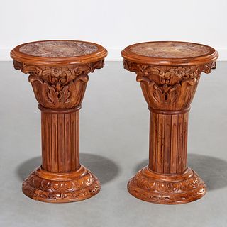 Pair Corinthian column carved walnut side tables