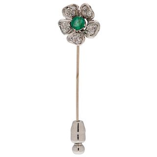 Vintage Emerald and Diamond Stick Pin in 14 Karat White Gold