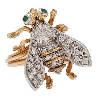 Flaircraft 18 Karat Gold Bee Ring/Brooch with Diamonds and Emeralds