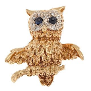 Diamond and Sapphire Owl Brooch in 18 Karat Yellow Gold
