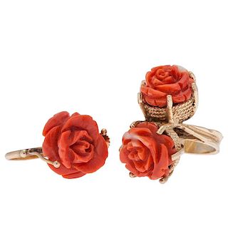 Carved Coral Rose Rings in 14 Karat Yellow Gold