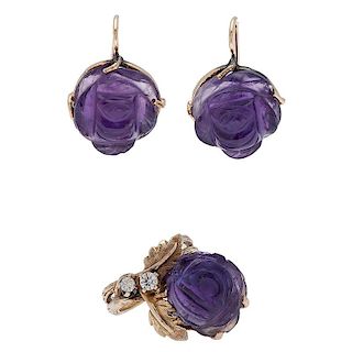 Carved Amethyst Ring and Earrings in 14 Karat Yellow Gold