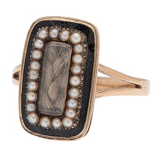 Victorian 9 Karat Gold Mourning Ring with Pearls and Enamel