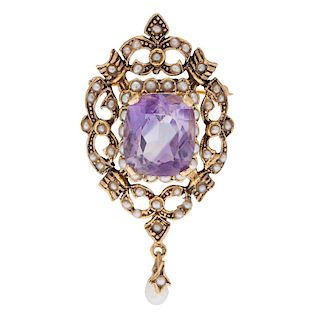 Amethyst and Pearl Brooch/Pendant in 14 Karat Yellow Gold