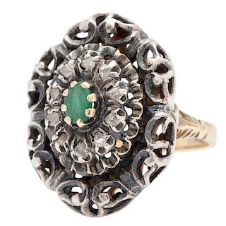 Emerald and Rose Cut Diamond Ring in 18 Karat and Silver