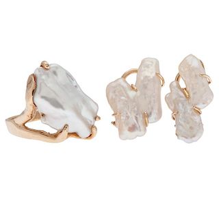 Baroque Pearl Ring and Earrings in 14 Karat Yellow Gold
