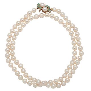 Opera Length Pearl Necklace with a 14 Karat Pearl and Emerald Clasp