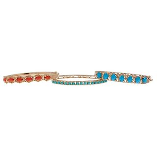 Coral and Turquoise Bangle Bracelets in 14 Karat Yellow Gold