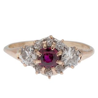 Vintage Ruby and Mine Cut Diamond Ring in 14 Karat Yellow Gold