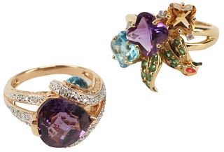 (2) ESTATE 14KT YELLOW GOLD & MULTI-COLOR GEMSTONE COCKTAIL RINGS