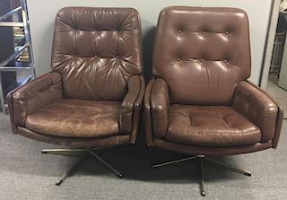 Midcentury Pair of Leather Swivel Chairs.