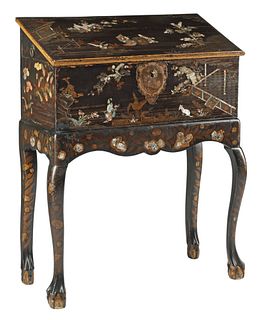 CHINESE EXPORT BLACK LACQUER FALL-FRONT BUREAU ON STAND