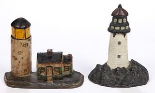 NATIONAL FOUNDRY AND OTHER LIGHTHOUSE CAST-IRON DOORSTOPS, LOT OF TWO