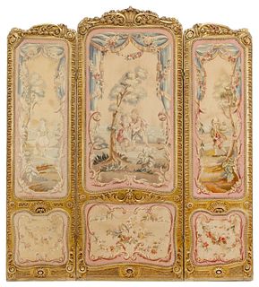 FRENCH GILTWOOD & AUBUSSON STYLE TAPESTRY THREE-PANEL FOLDING SCREEN
