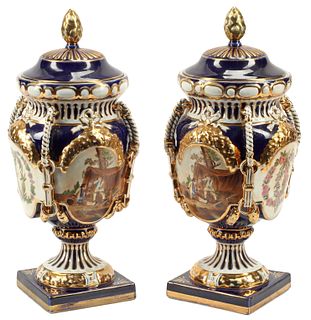 (2) SEVRES STYLE PORCELAIN BLUE-GROUND VASES & COVERS
