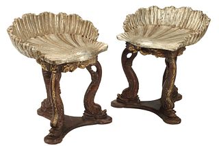(2) GROTTO STYLE PARCEL-GILT SHELL-FORM BENCHES