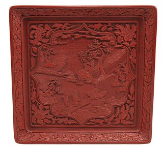 CHINESE SQUARE TRAY WITH LANDSCAPE SCENE IN RELIEF