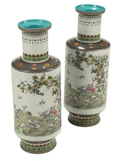 (2) CHINESE FAMILLE ROSE PORCELAIN ROULEAU VASES