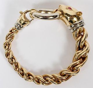 ITALIAN YELLOW GOLD AND RUBY TWIST PANTHER BRACELET