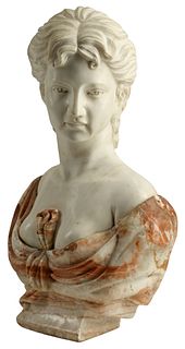 WHITE & VARIEGATED MARBLE SCULPTURE BUST OF A WOMAN