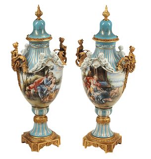 (2) SEVRES STYLE PORCELAIN FIGURAL VASES & COVERS