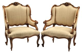 (2) LOUIS XV STYLE UPHOLSTERED WING ARMCHAIRS