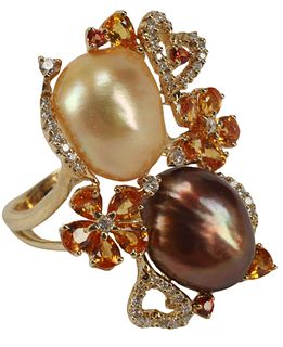 ESTATE 14KT GOLD CULTURED PEARL, TOPAZ & DIAMOND COCKTAIL RING